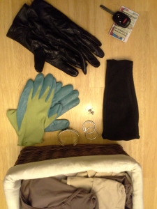 2 pair gloves, ear warmer headband, 2 pair earrings, bracelet, basket with 6 pair socks, 4 bras, 6 panties, pantyhose
