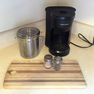 coffeepot, coffee container, cutting board and salt & pepper shakers (#5 items)